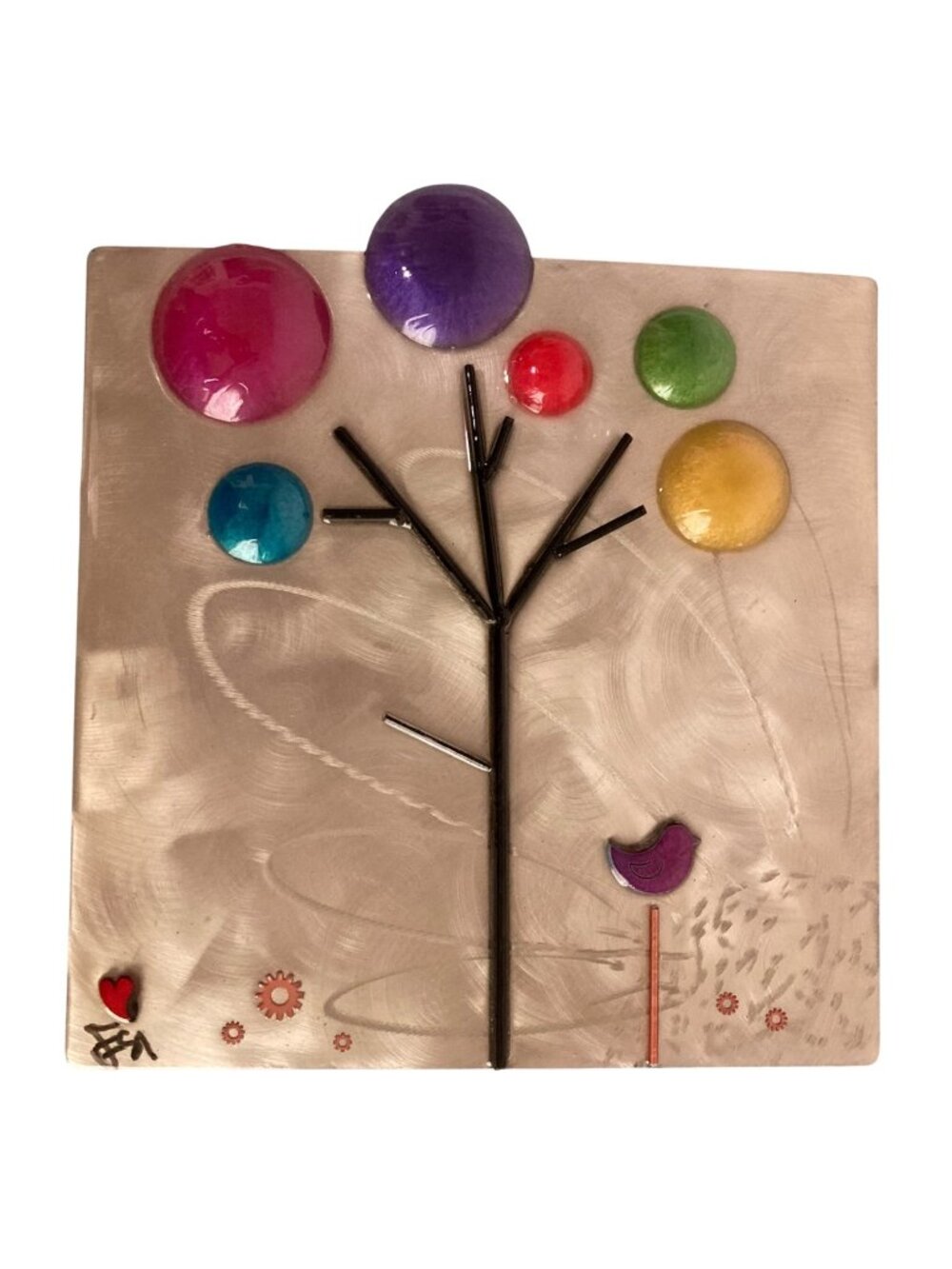 Whimsical Balloon Tree And Birds Handcrafted Mixed Media Wall Art Decor Signed
